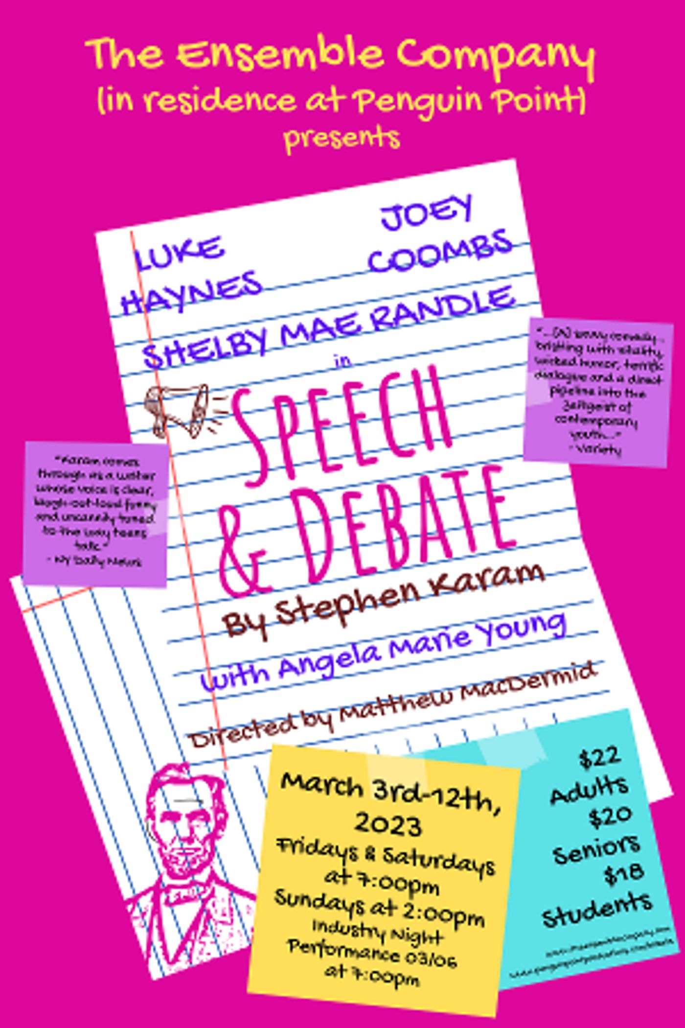 The Ensemble Company to Present Central Florida Premiere of SPEECH & DEBATE  Image