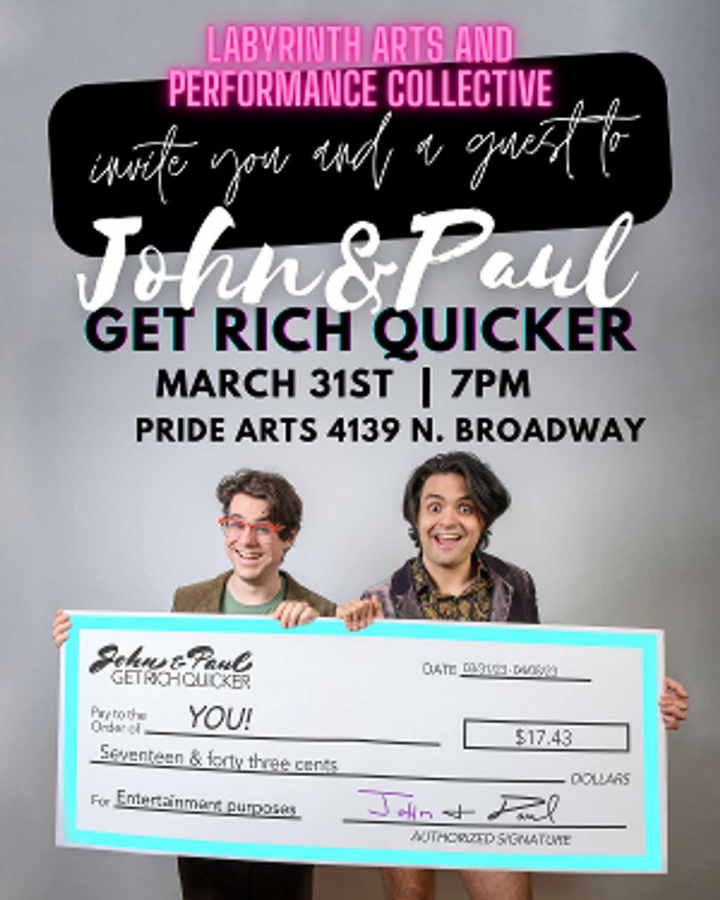 Labyrinth Arts and Performance Present JOHN AND PAUL GET RICH QUICKER This Month  Image