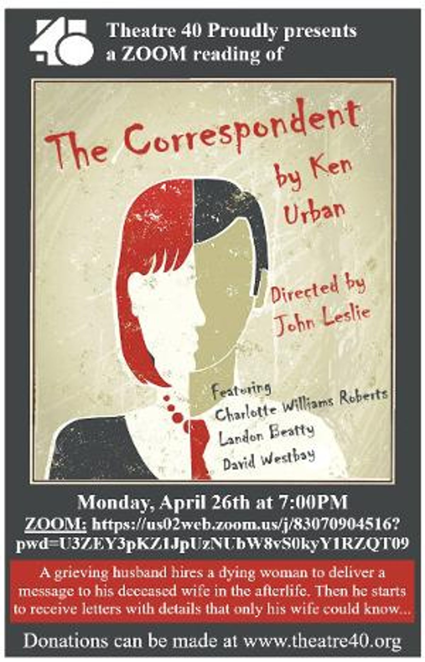 THE CORRESPONDENT Will Be Performed on Zoom by Theatre 40 on April 26  Image