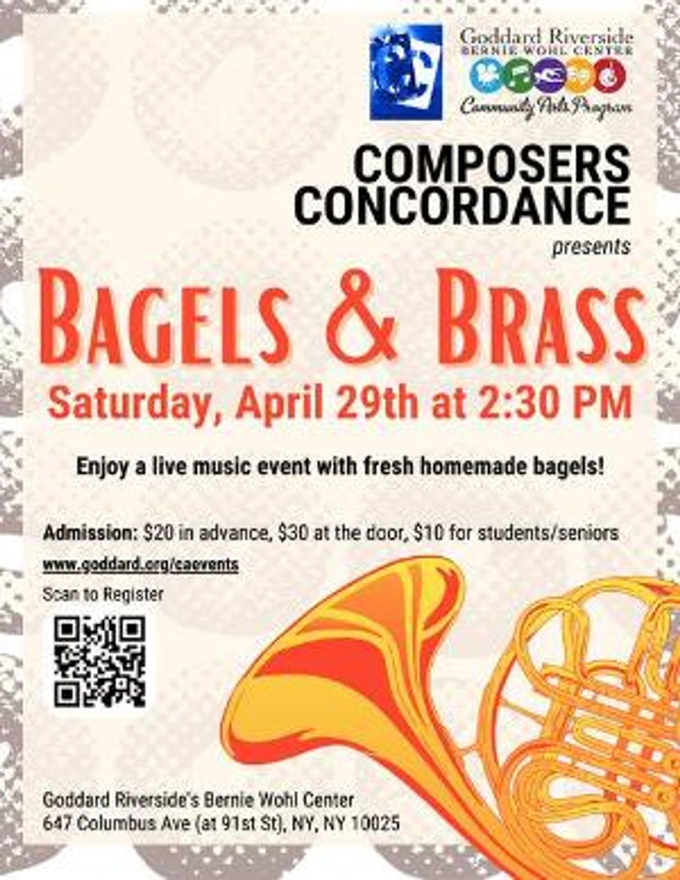 Composers Concordance and Goddard Riverside Community Arts to Present BAGELS & BRASS in April  Image