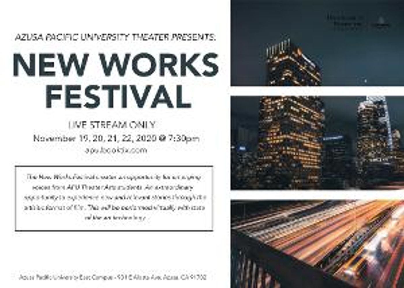 Azusa Pacific University Theater Department Presents A Live Stream New Works Festival  Image