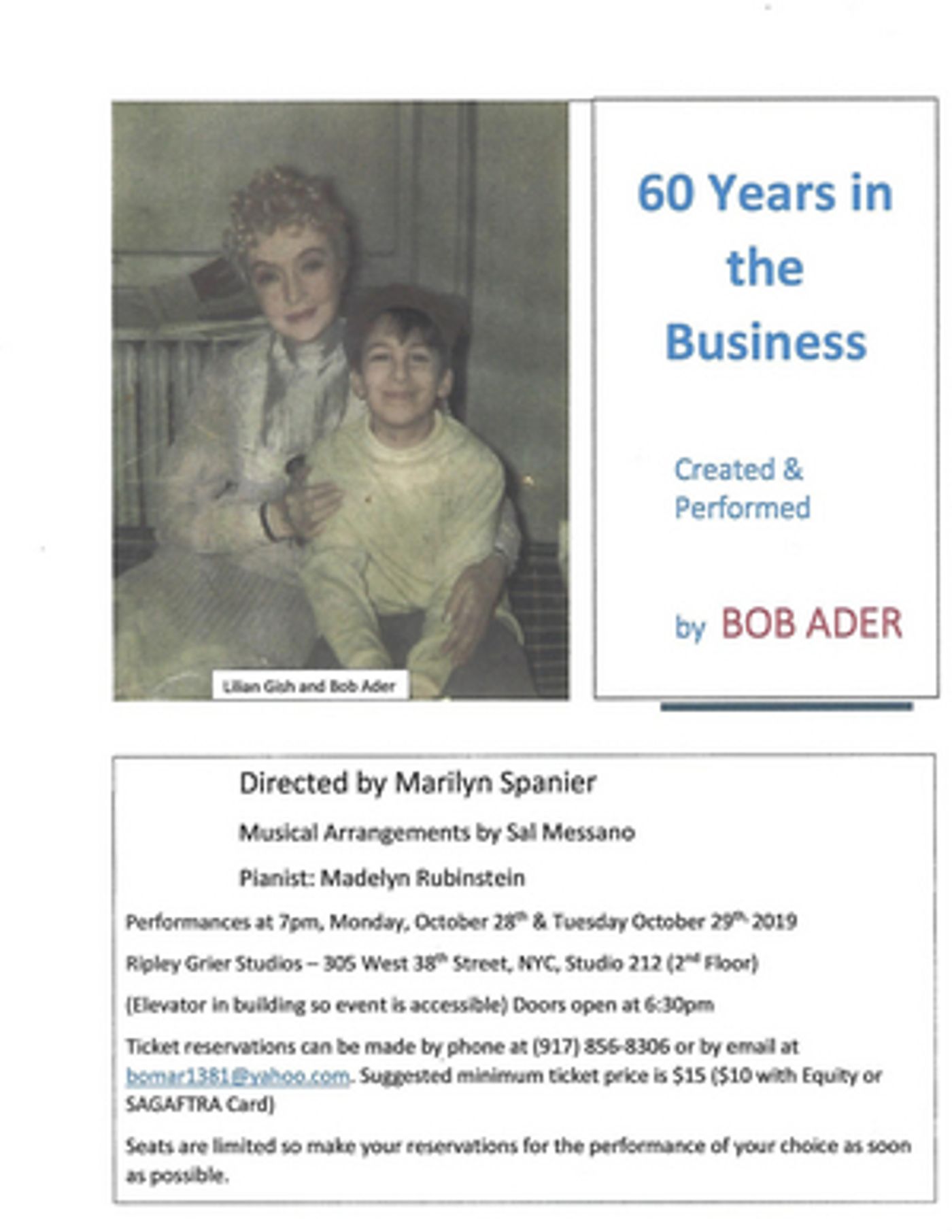 Bob Ader To Present 60 YEARS IN THE BUSINESS At Ripley Grier Studios  Image