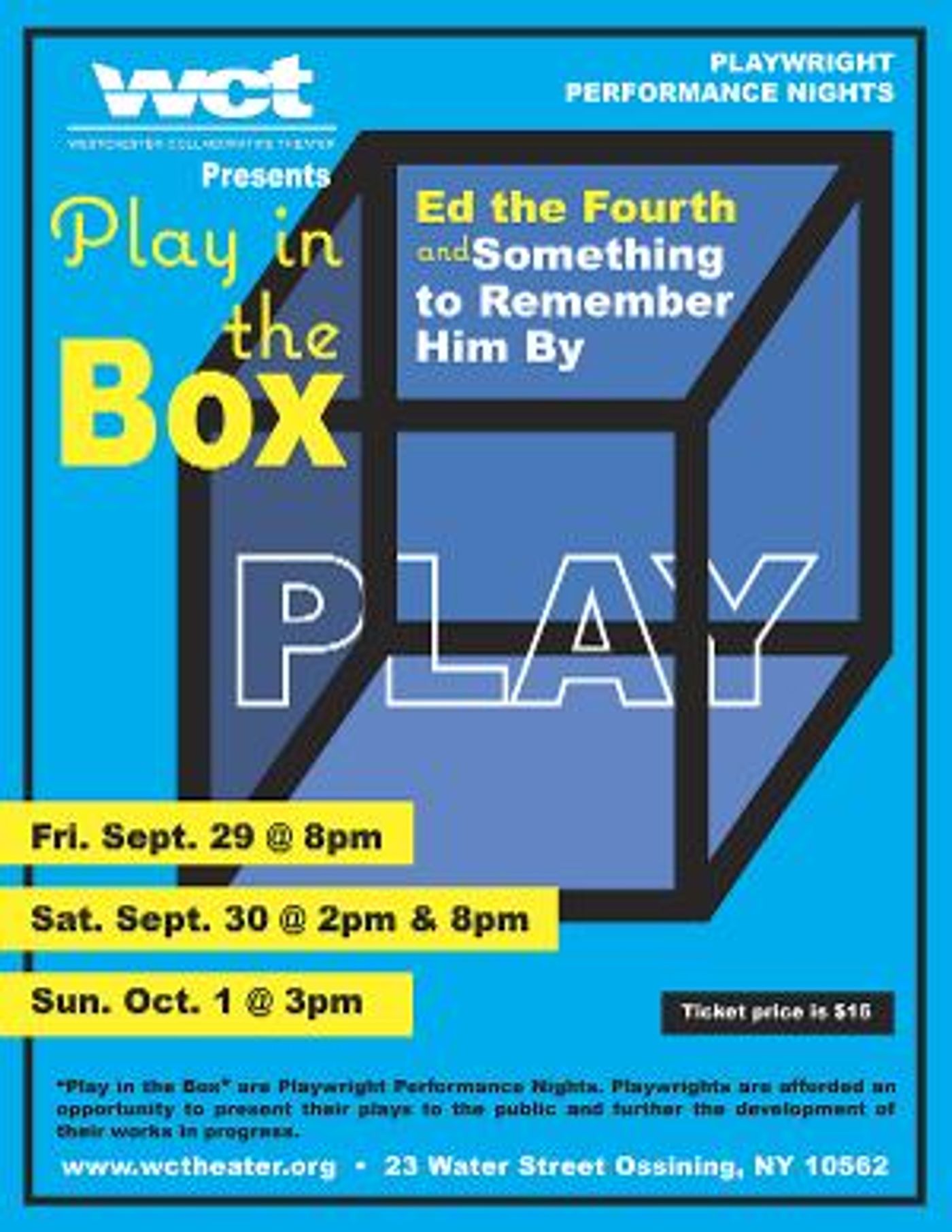 Westchester Collaborative Theater Presents Two New One-Act Plays For Its September PLAY IN THE BOX Production  Image