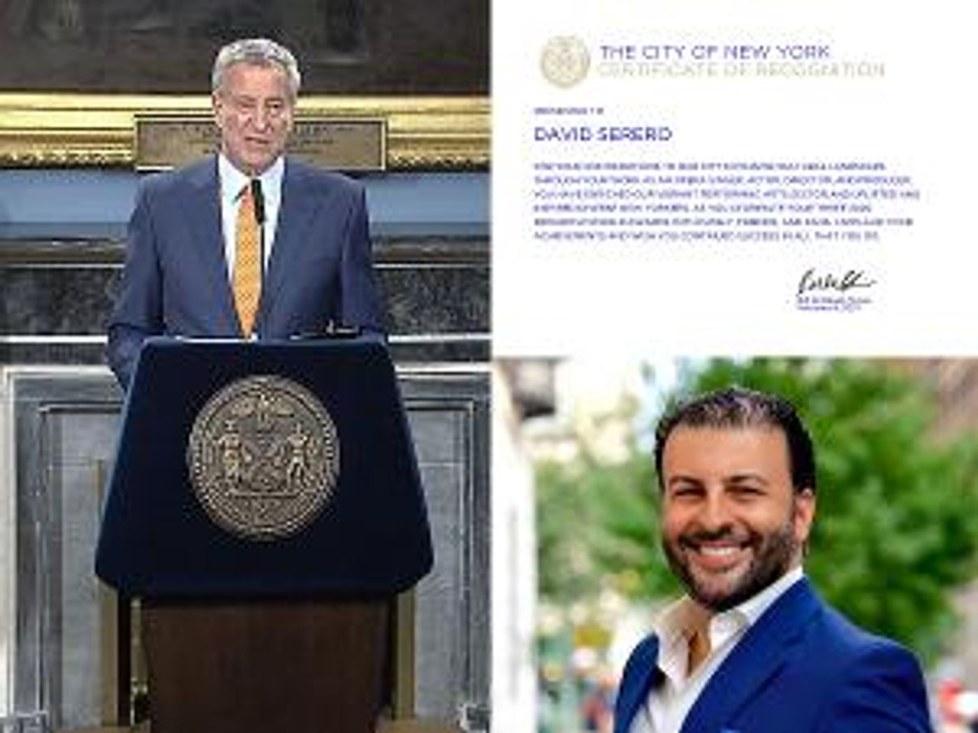 Bill De Blasio Awards David Serero With The Certificate Of Recognition From The City Of New York  Image