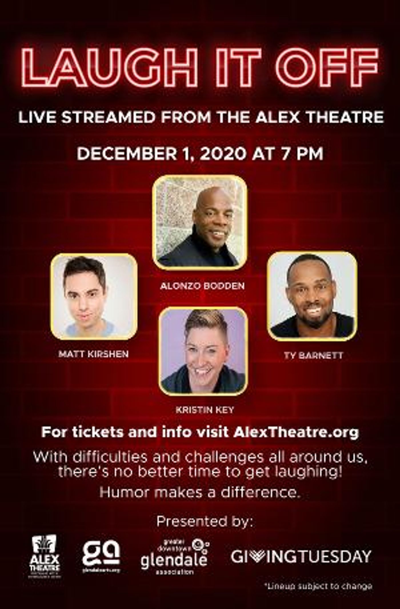 Glendale Arts Giving Tuesday Show LAUGH IT OFF Will Benefit The Alex Theatre & Feature Lineup From Last Comic Standing  Image