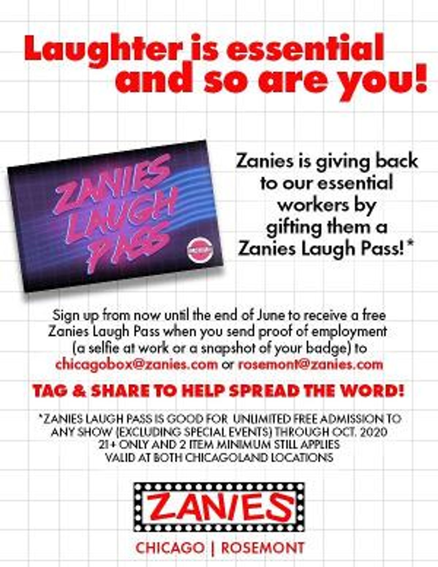Essential Workers to Receive Free Admission to Zanies Comedy Clubs in October  Image