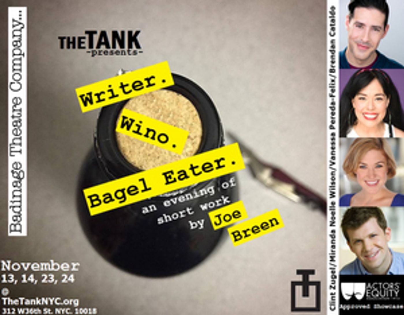 Badinage Theatre Company Presents WRITER. WINO. BAGEL EATER. At The Tank  Image
