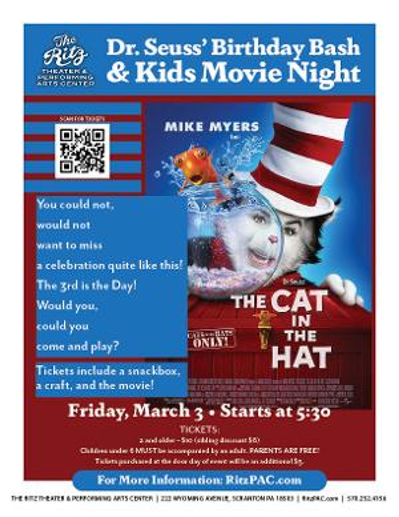 Ritz Theater & Performing Arts Center to Present DR. SEUSS' BIRTHDAY BASH & KIDS MOVIE NIGHT  Image