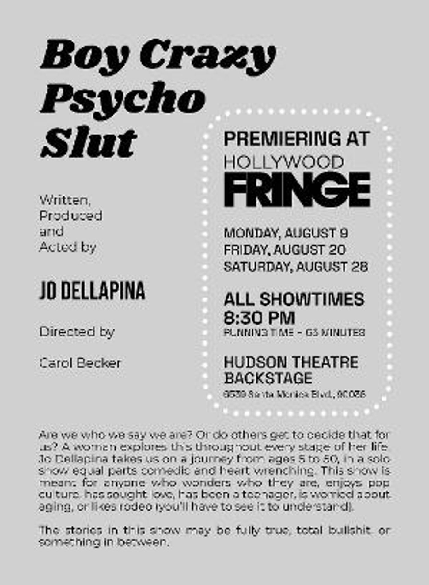 Premiere Of BOY CRAZY PSYCHO SLUT to be Presented at Hollywood Fringe 2021  Image