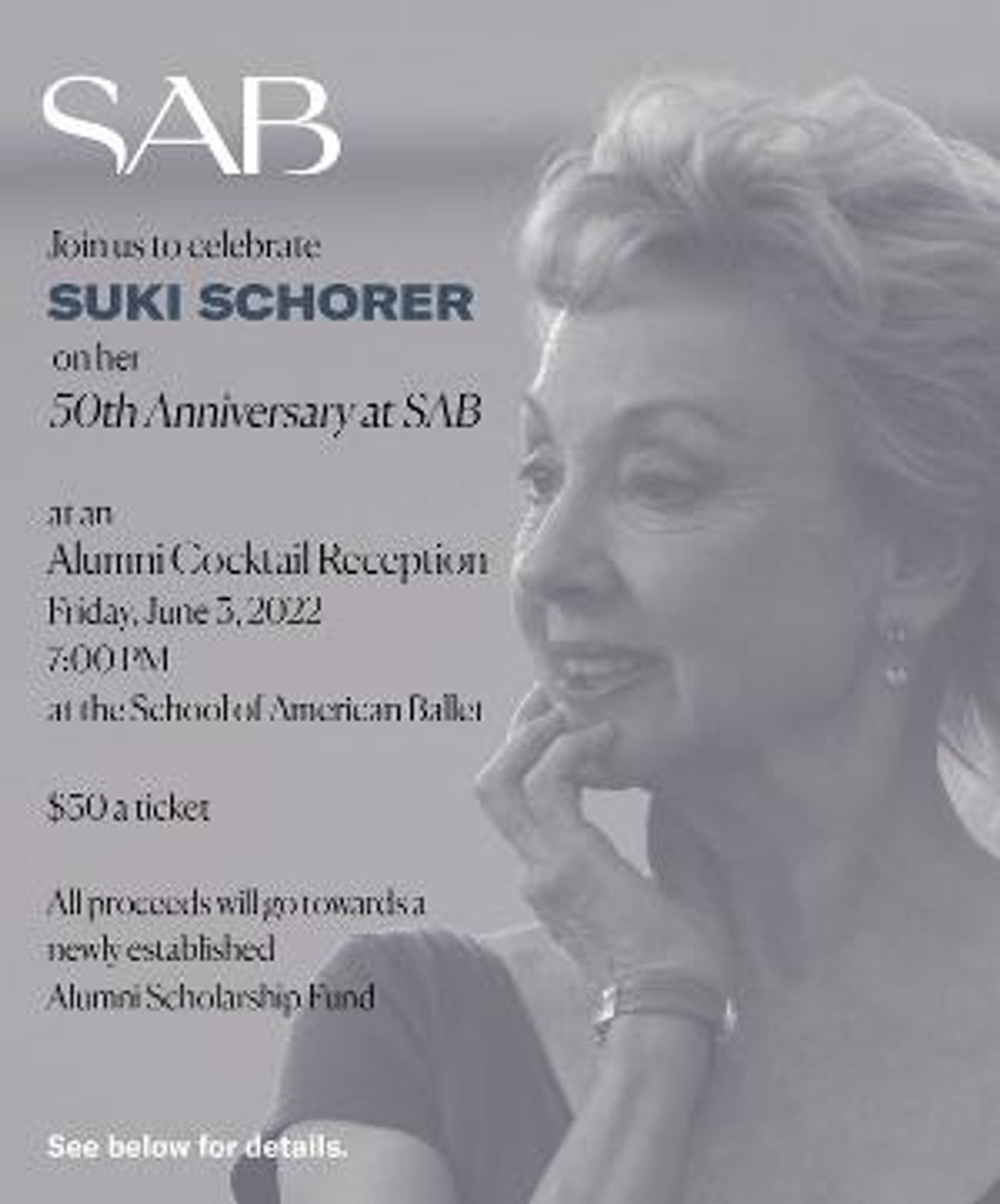 SAB Alumni Cocktail Party To Celebrate 50 Years Of Suki Schorer, June 3  Image