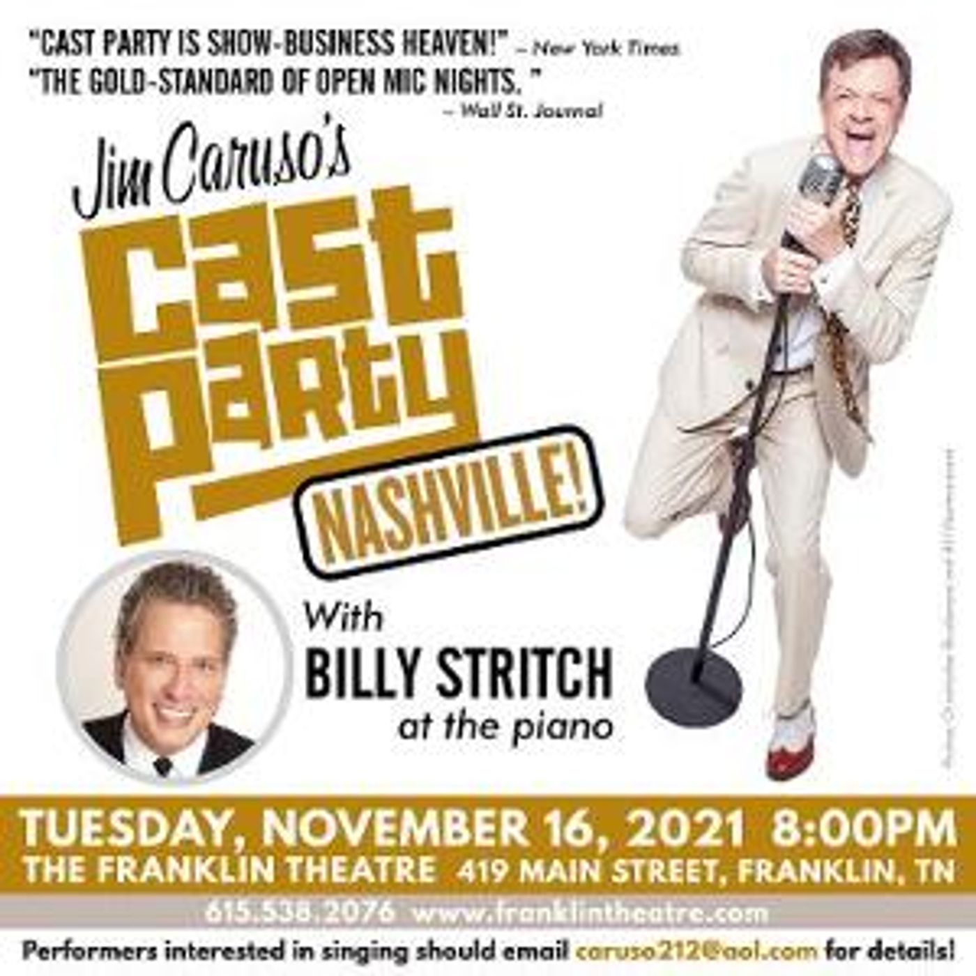 JIM CARUSO'S CAST PARTY With Billy Stritch At The Piano to Return to the Franklin Theatre  Image