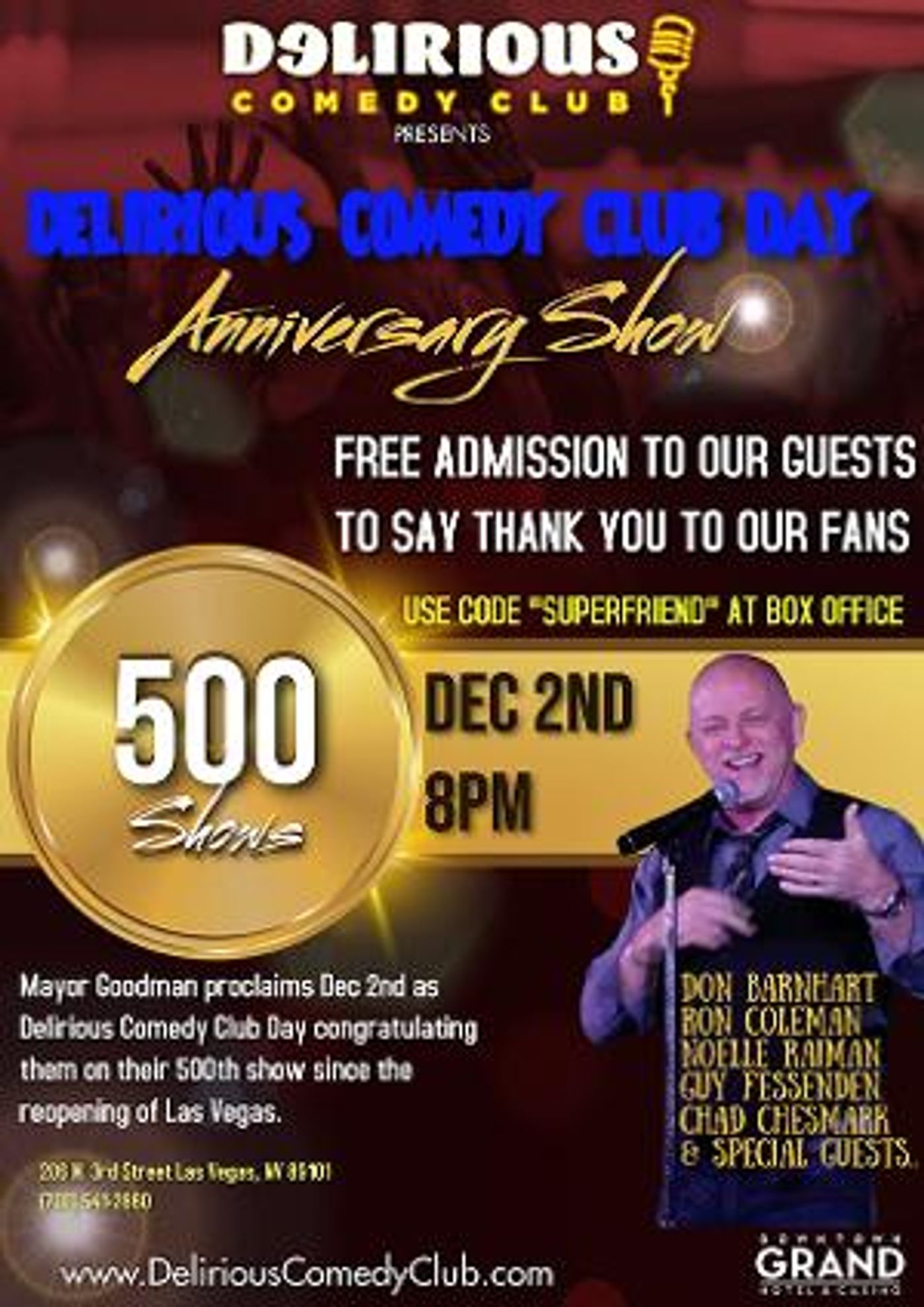 Delirious Comedy Club to Offer Free Admission To Fans To Celebrate 500th Show  Image