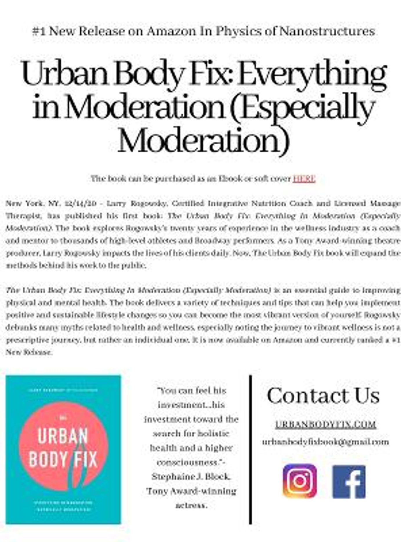 Producer Larry Rogowsky Releases New Book THE URBAN BODY FIX: EVERYTHING IN MODERATION  Image