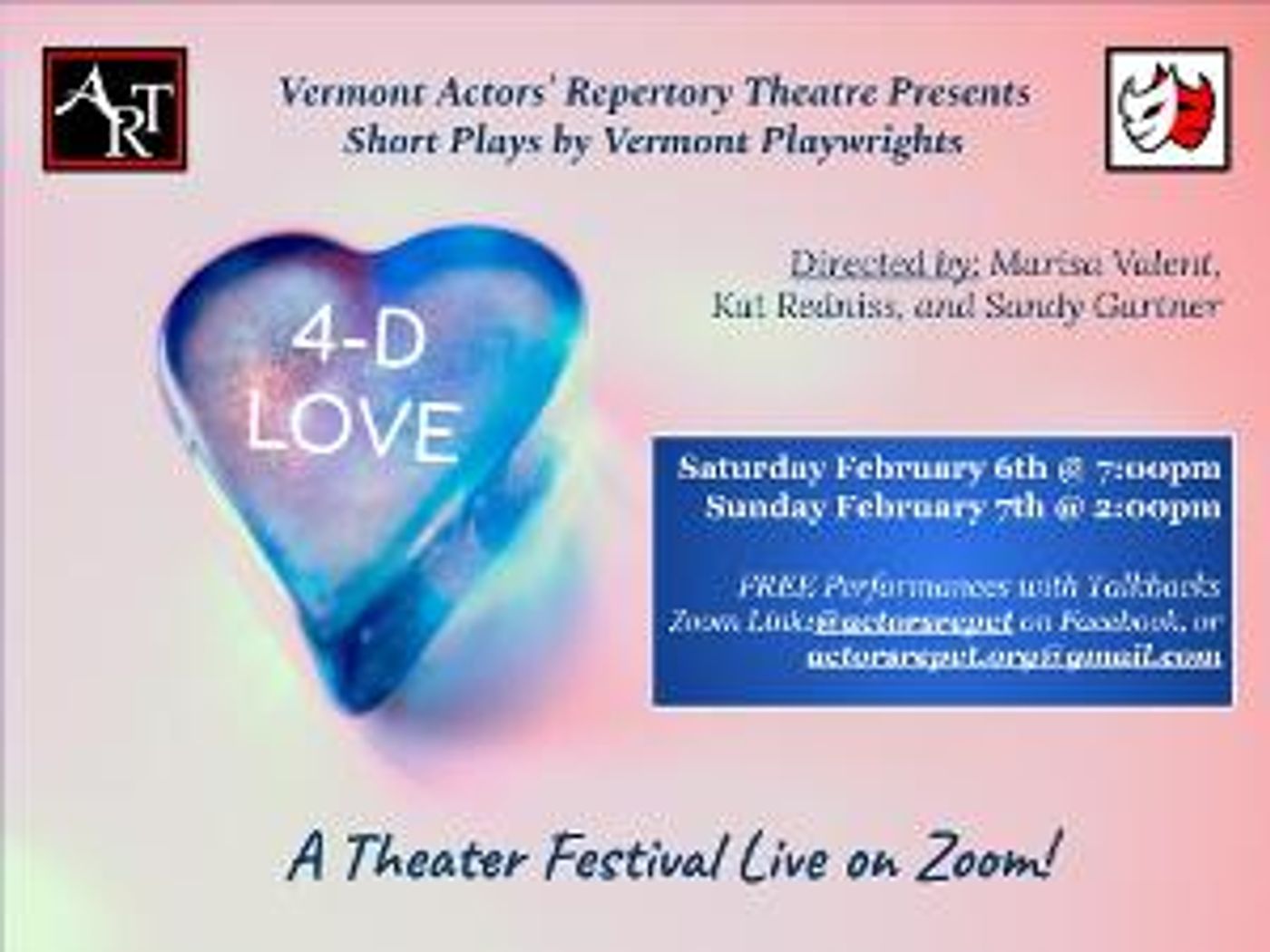 Vermont Actors' Repertory Theatre Presents A February 2021 Zoom Play Festival: 4-D LOVE  Image