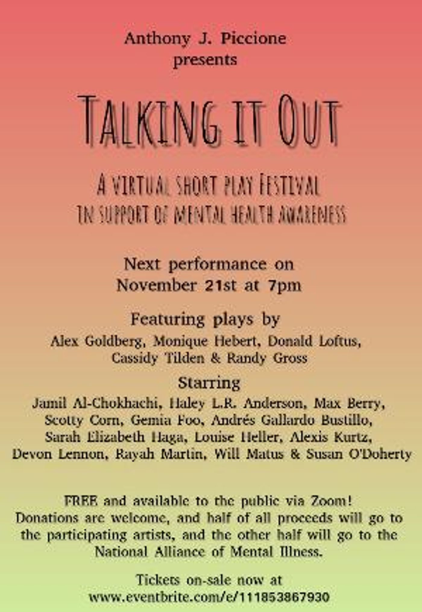 First Performance Of The TALKING IT OUT Virtual Play Festival's 2020-21 Season To Stream On November 21st  Image