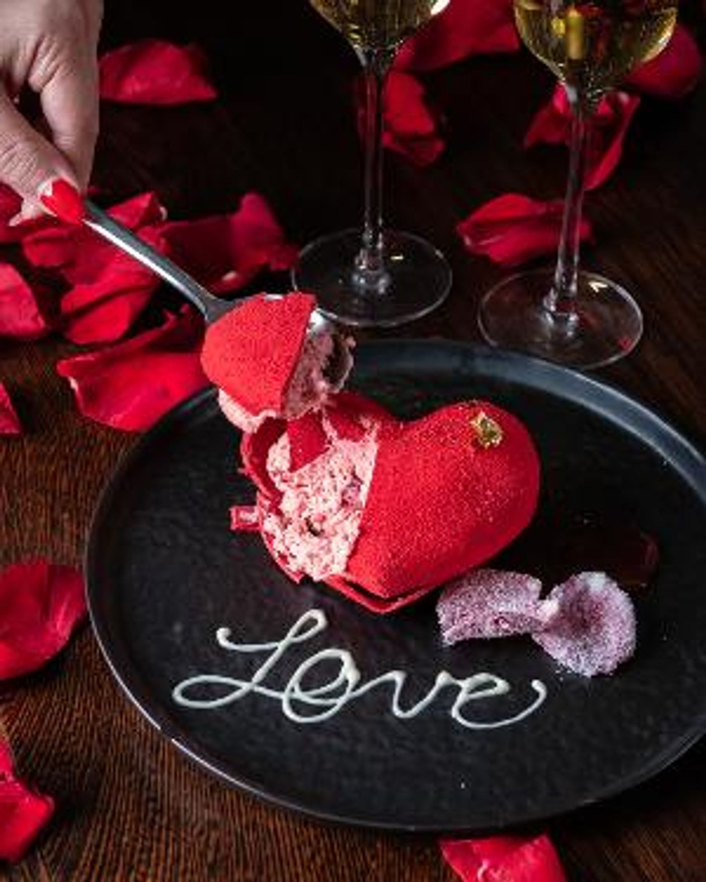 Enjoy The Decadent Heart Shaped Petit Gateaux Dessert For Valentine's Day At Cathédrale Restaurant  Image