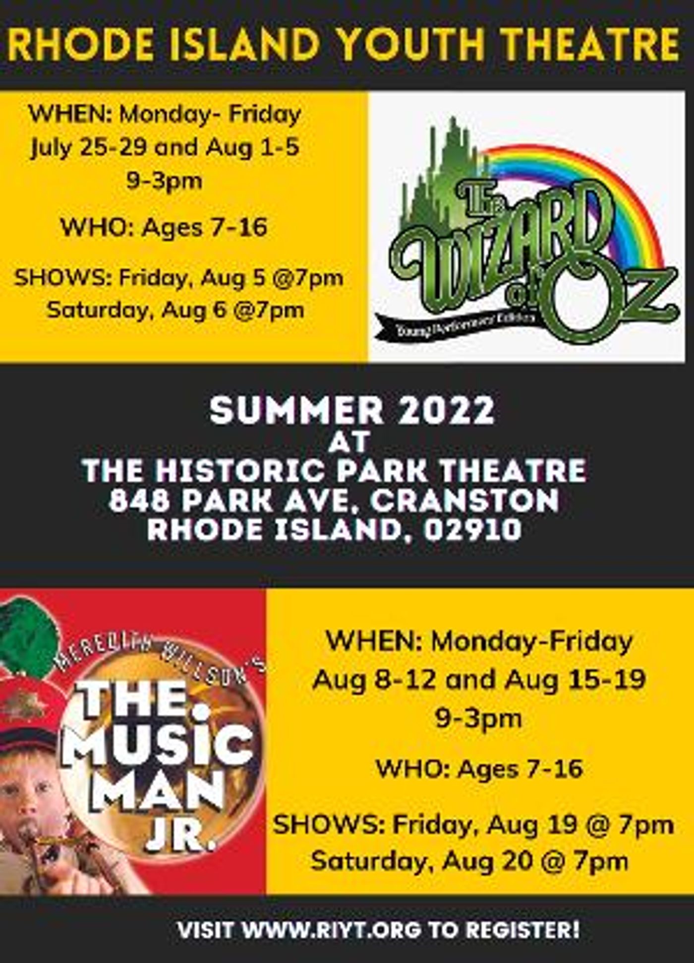 Rhode Island Youth Theatre to Present THE WIZARD OF OZ and THE MUSIC MANAt The Historic Park Theatre And Event Center!  Image
