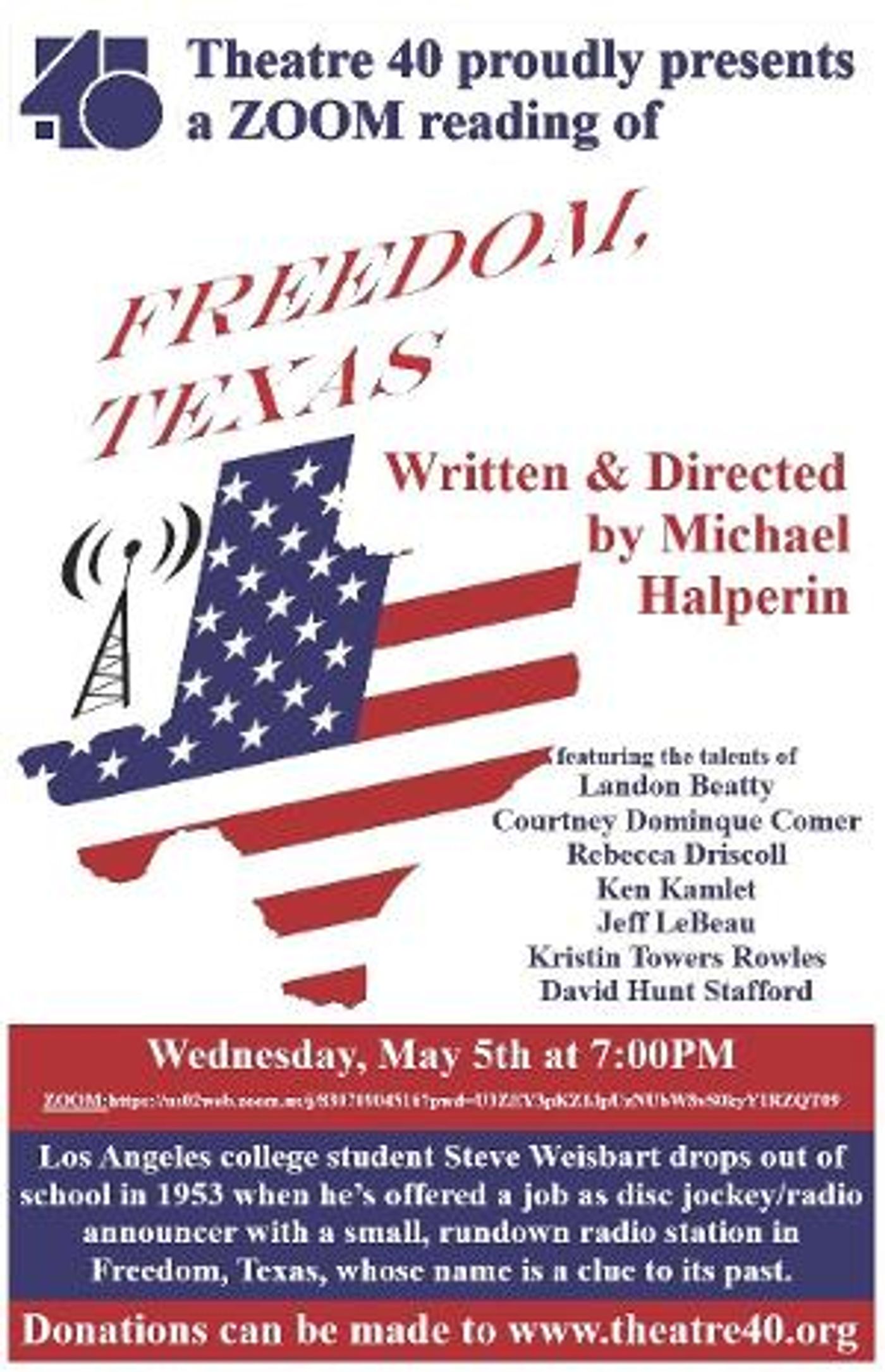 FREEDOM, TEXAS Will Be Performed on Zoom by Theatre 40 on May 5  Image