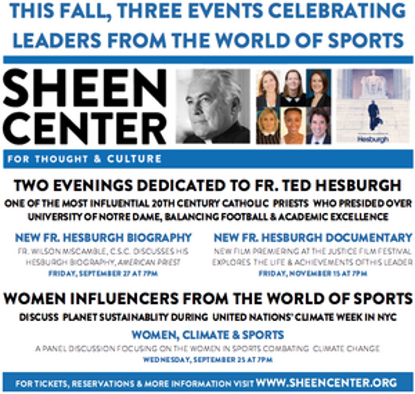 This Fall, Sheen Center Presents Events Celebrating Fr. Ted Hesburgh, And Women In Sports Combating Climate Change  Image