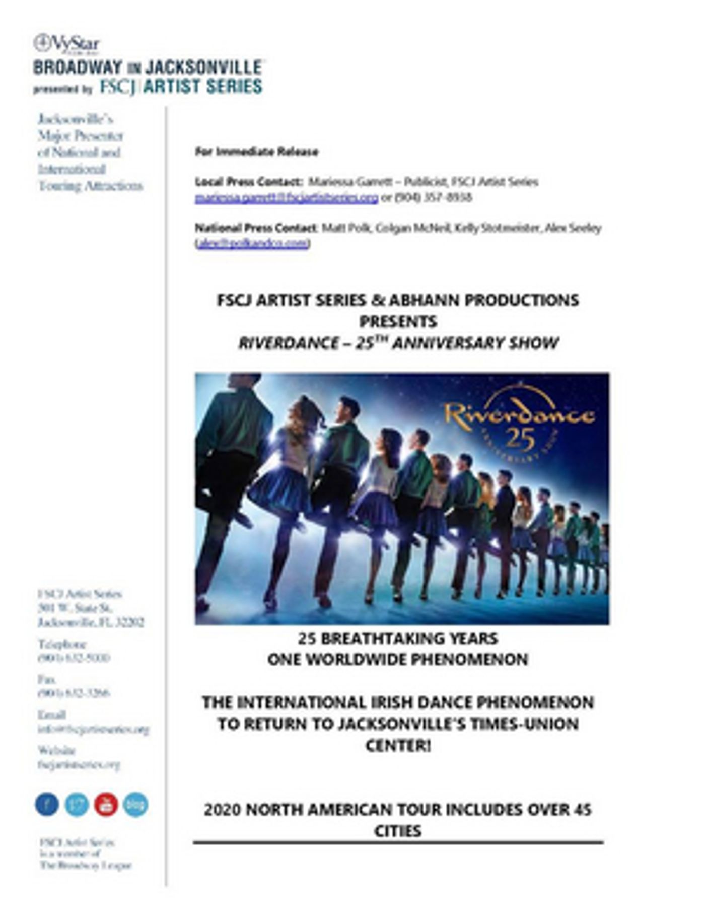 FSCJ Artist Series & Abhann Productions Presents RIVERDANCE – 25TH ANNIVERSARY SHOW  Image