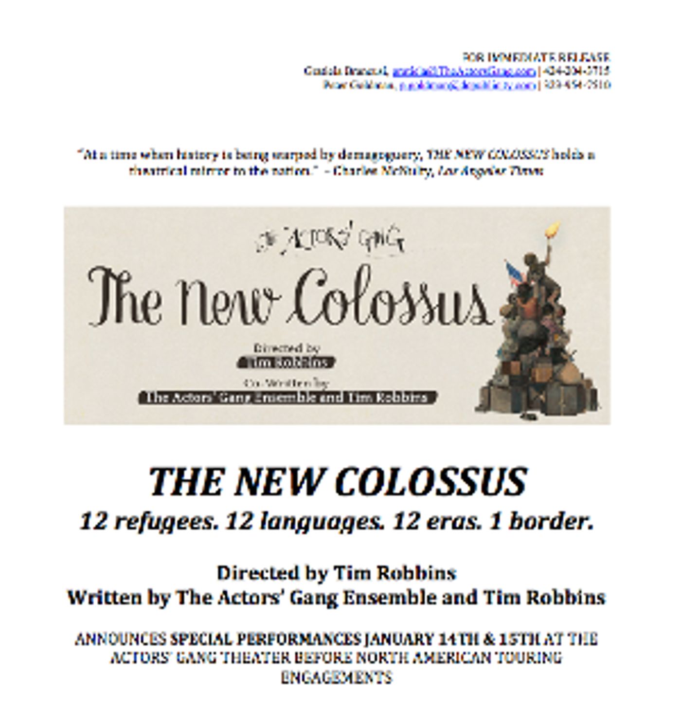 Actor's Gang Presents Special Performances Of NEW COLOSSUS January 14-15  Image