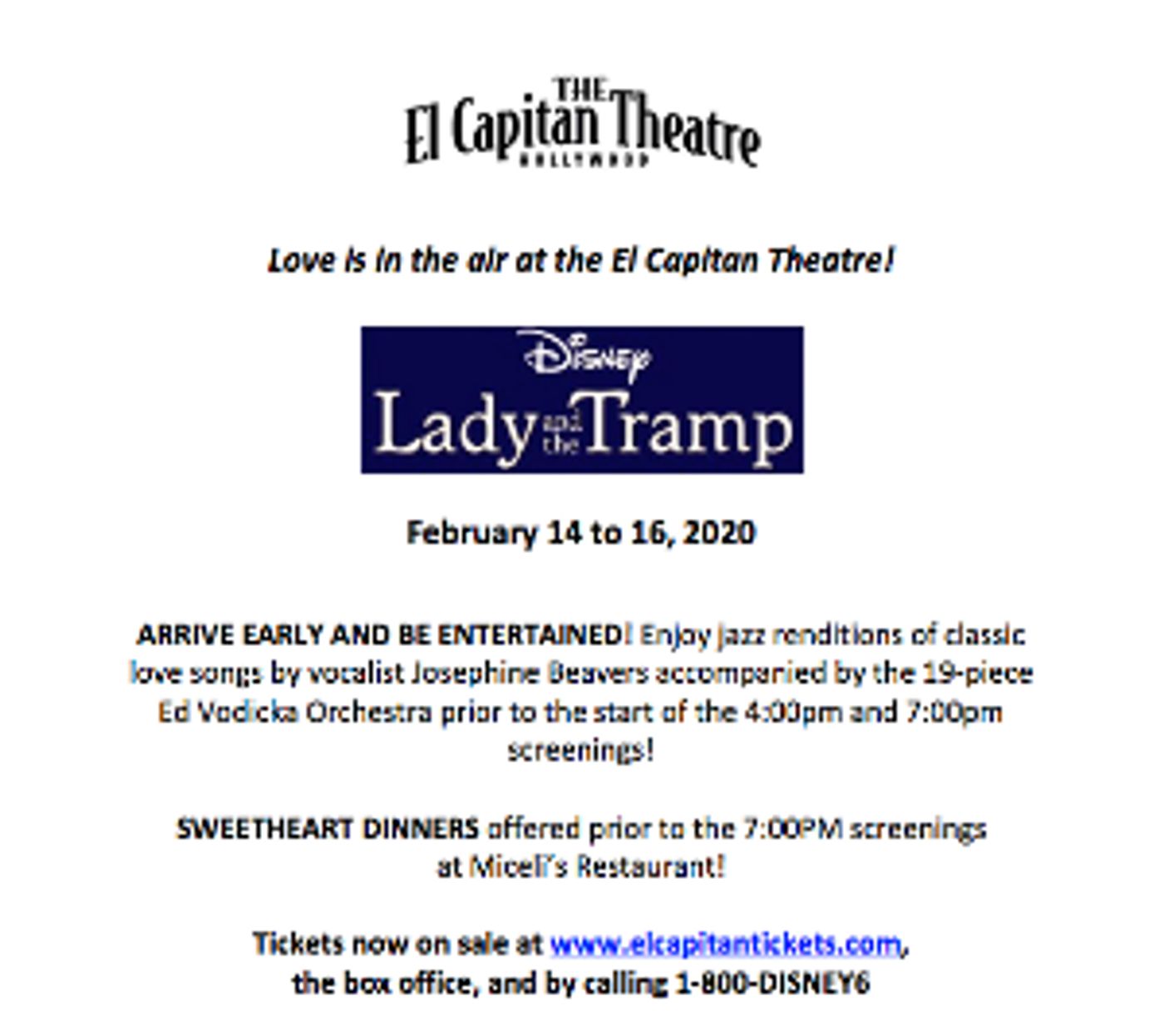 Disney's LADY AND THE TRAMP Announced at El Capitan Theatre  Image