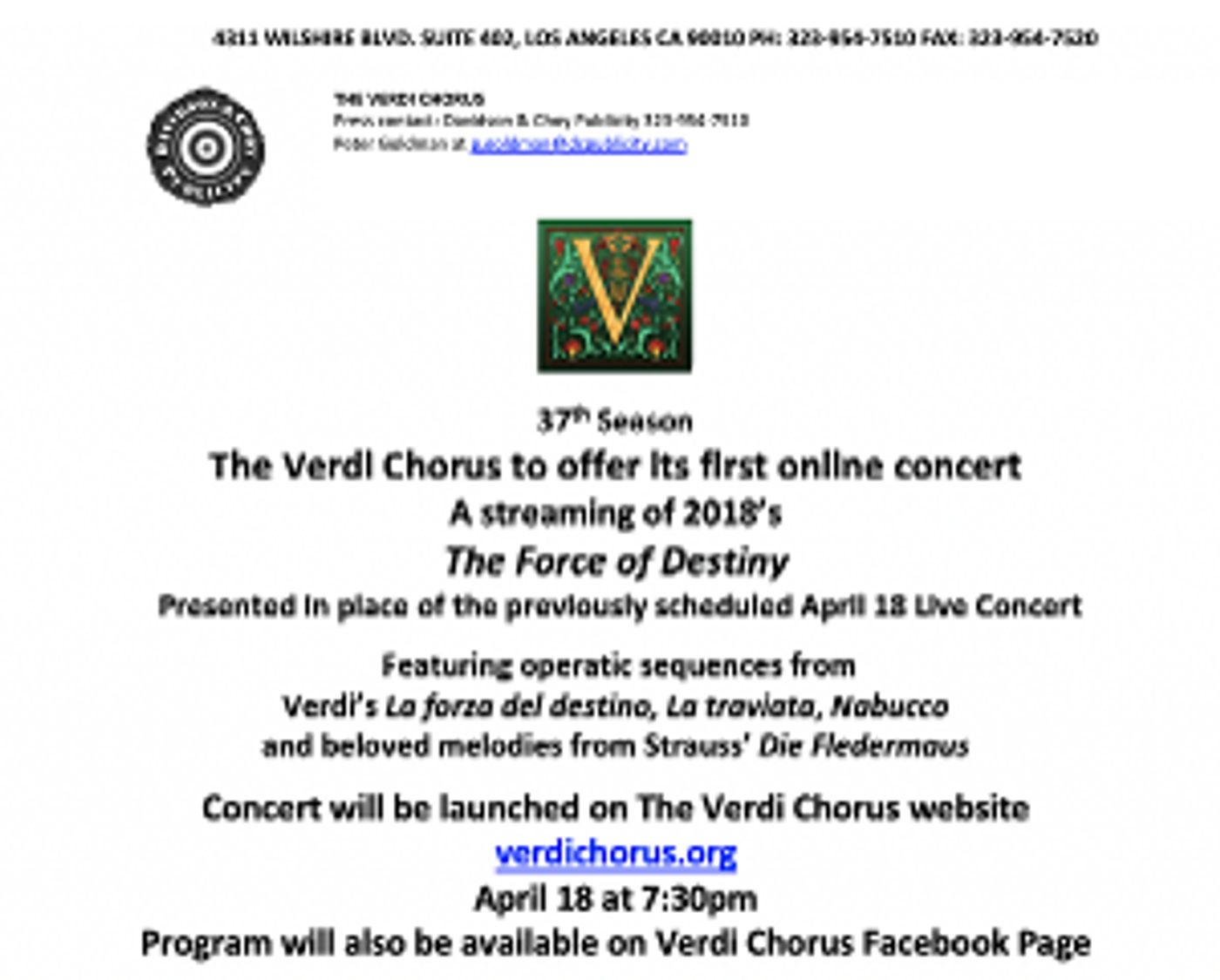 The Verdi Chorus Offers Its First Online Concert Tomorrow Night April 18  Image