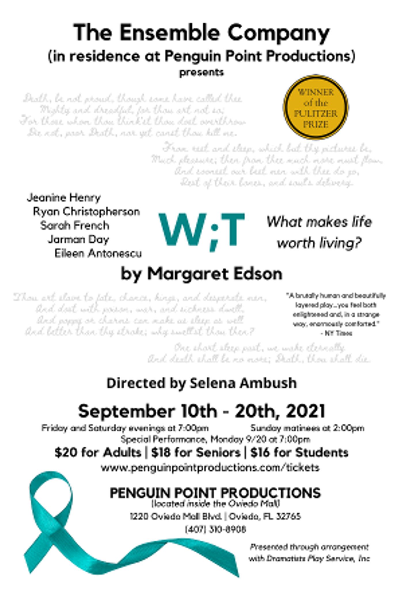 Margaret Edson's Pulitzer Prize-Winning WIT Is Next For The Ensemble Company  Image