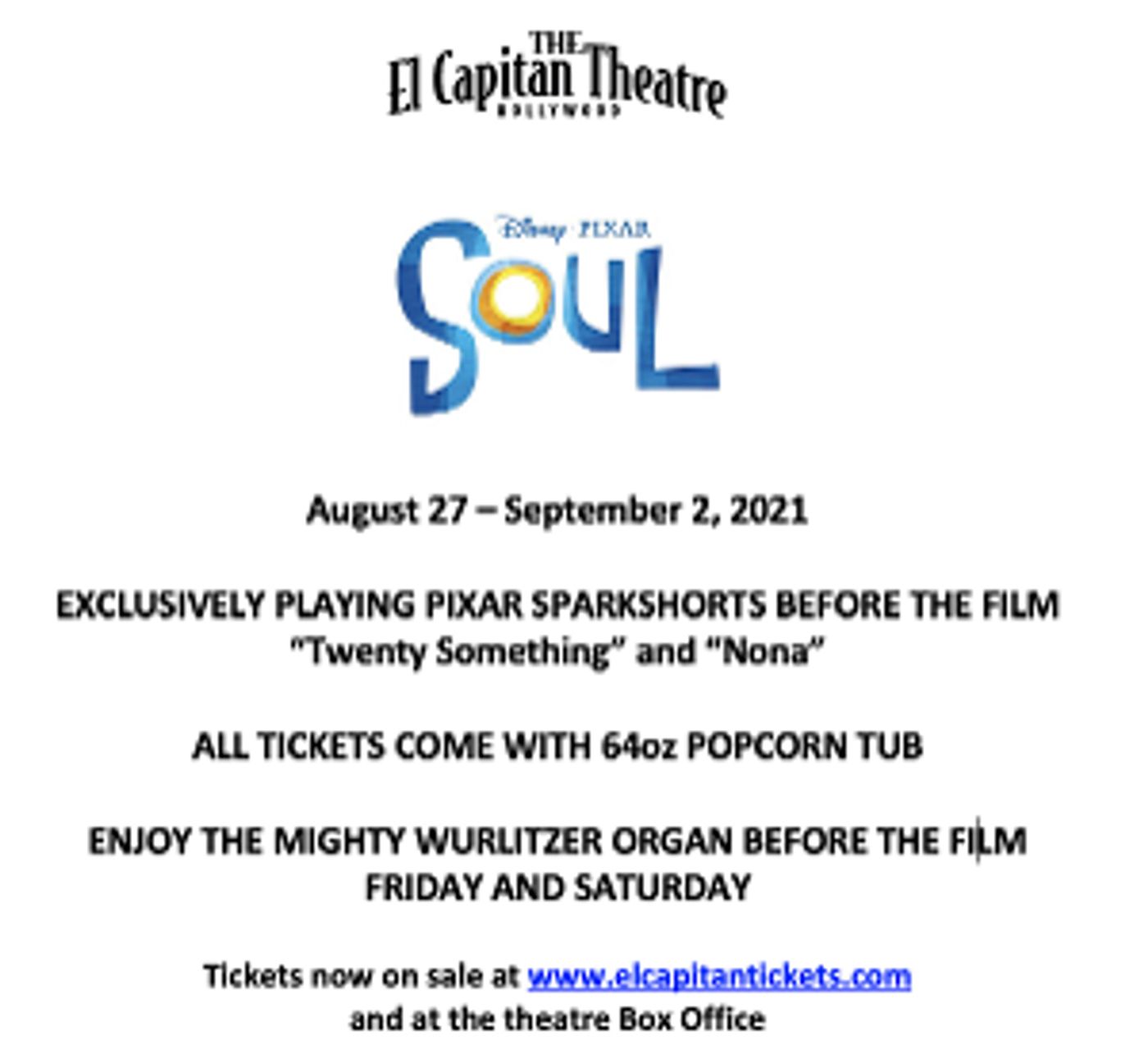Disney/Pixar's SOUL Announced At El Capitan Theatre, August 27 - September 2  Image