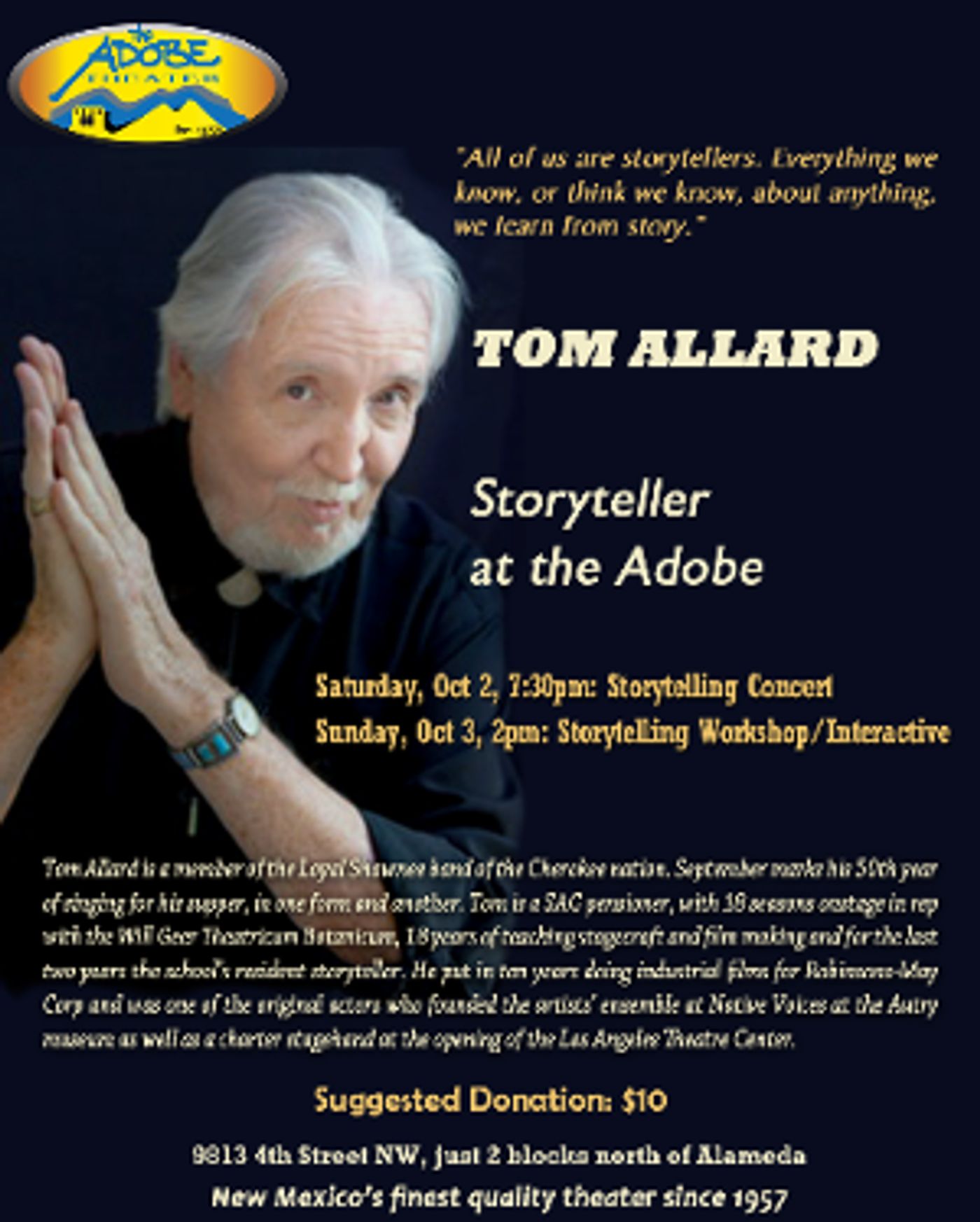 The Adobe Theater Presents LIVE! TOM ALLARD Story Telling and Workshop in October  Image