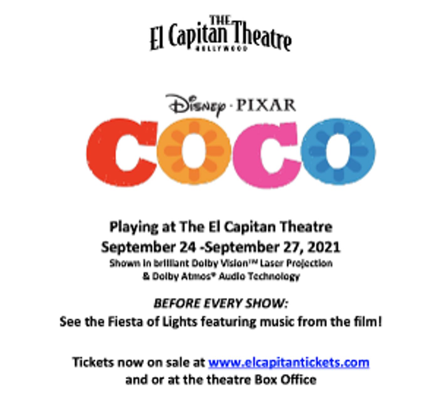 Disney/Pixar's COCO Comes to El Capitan Theatre, September 24 - September 27  Image