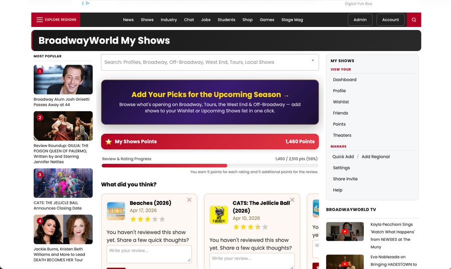 The My Shows dashboard showing a points total, a review and rating progress bar, and cards prompting you to rate and review shows you've seen.