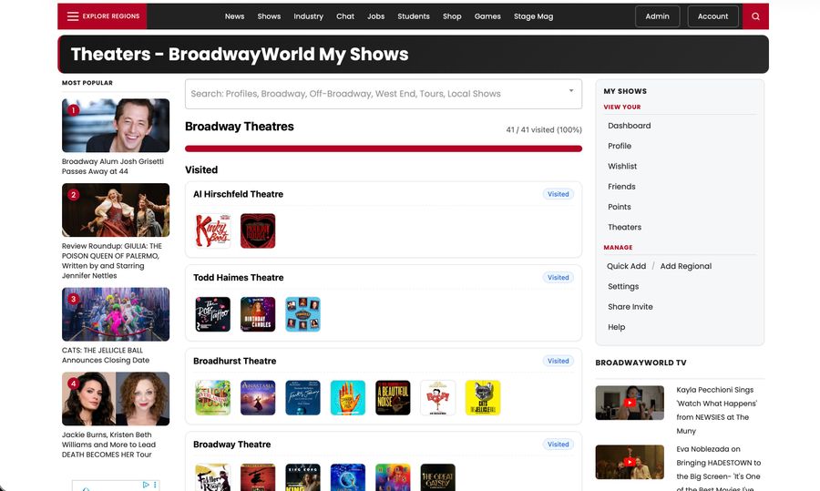 The Broadway Theatres page showing 41 of 41 theatres visited, with the show logos you saw at each house.