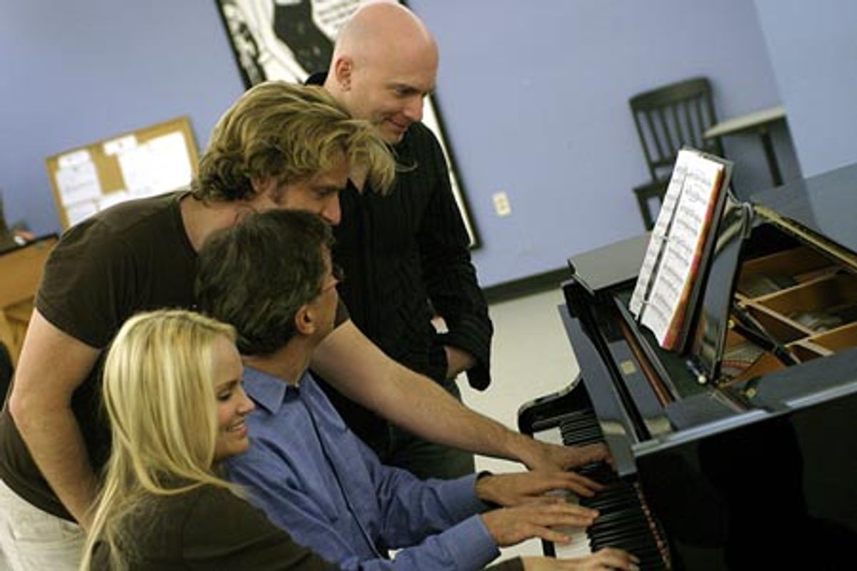 (From bottom to top) Kristin Chenoweth, Music Director Rob Fisher, Malcolm Gets, and Michael Cerveris at the piano during rehearsals for the Encores! production of The Apple Tree. at 