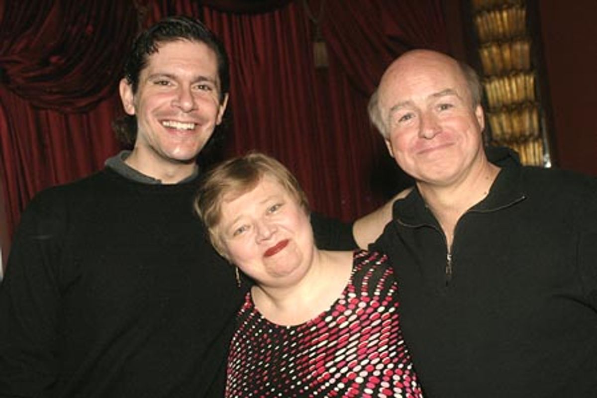 
Jeff Brooks (Cogsworth), Mary Stout (Madame de la Grande Bouche), and Peter Flynn (Lumiere)  at 