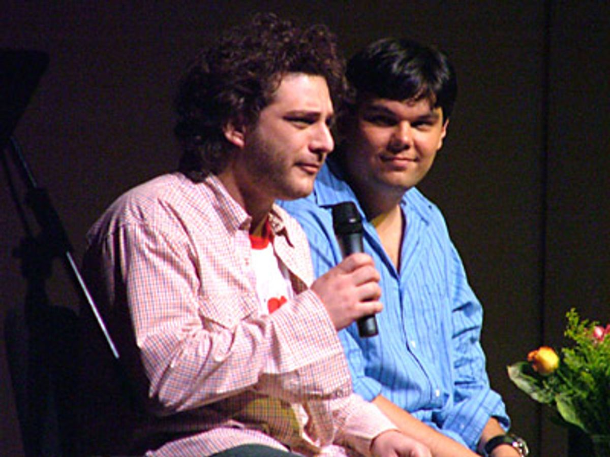 Fresh from their Tony award winning evening, Jeff Marx and
Robert Lopez (Avenue Q) made a surprise visit to kick things off.
Avenue Q was one of the musicals highlighted in the very first
Bound for Broadway concert. at 