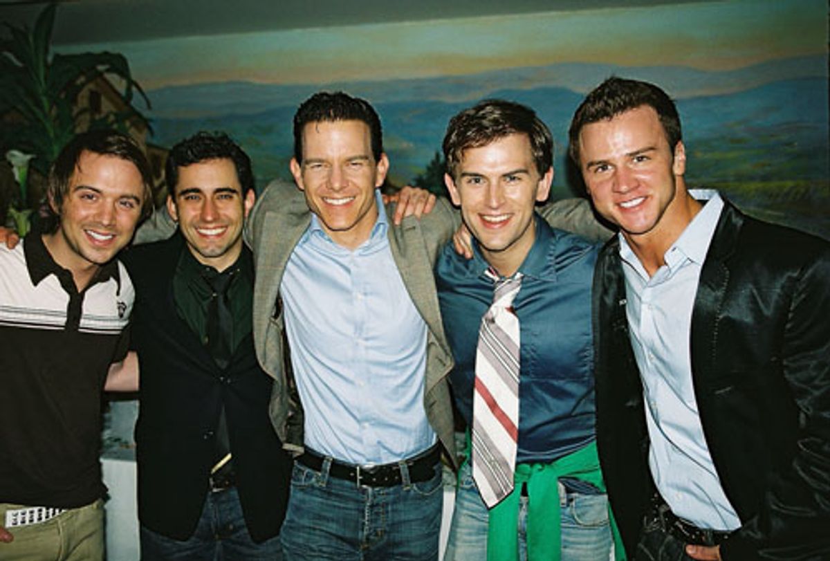 Danny Calvert (Altar Boyz) with Jersey Boys John Lloyd Young, Christian Hoff, Daniel Reichard and James Royce Edwards (Altar Boyz) at 