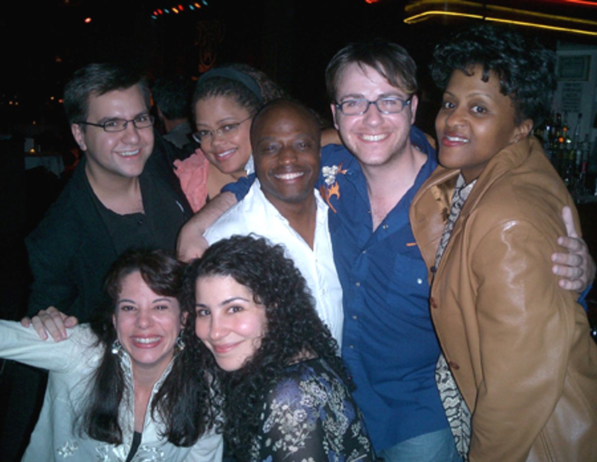 
A gaggle of Cast Party regulars! Back: Michael Cassara, Natalie Douglas, David Raleigh, Brian Nash and Lumiri Tubo. Front: Kate Botello and Julie Garnye  at 