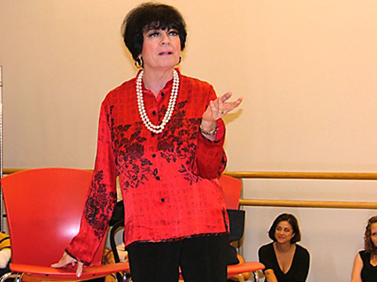  
Jo Anne Worley cracks the cast, crew and press up
as nutty Letitia Primrose singing 'Repent' at 