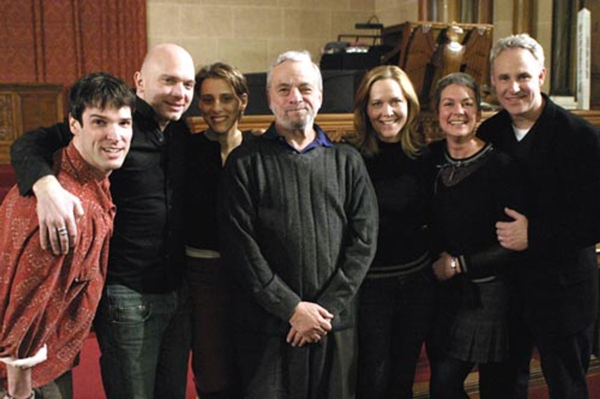 At St. Paul & St. Andrew Methodist Church: (L to R)
Hugh Panaro, Michael Cerveris, Judy Kuhn, Stephen Sondheim, Rebecca Luker, Michelle Pawk, John Dossett at 