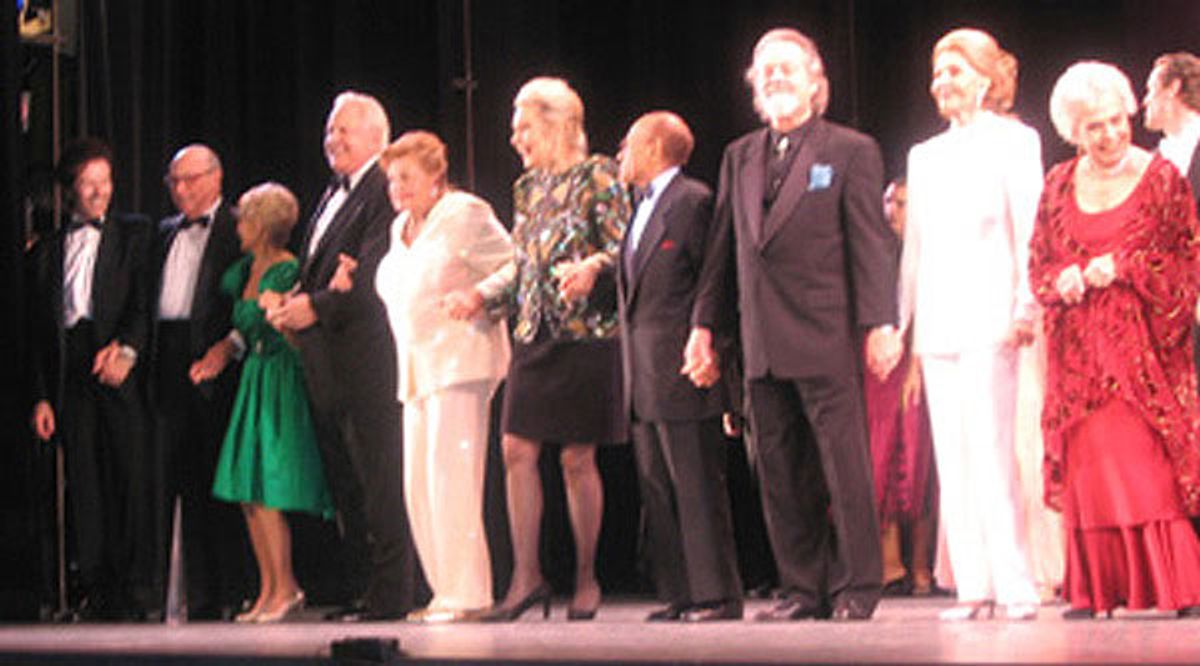 Taking their bows from left to right: George Chakiris, Robert L. Mayer, Jane Powell, Robert Osborne, Esther Williams, Katherine Hopkins-Nicholas, Fayard Nicholas, Russ Tamblyn, Cyd Charisse, Marge Champion. at GOTTA DANCE! A Dance Tribute to Hollywood