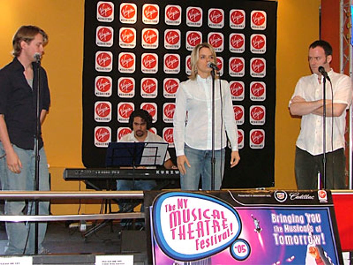 Benjamin Schrader, Amy Spanger and Joe Cassidy at NYMF's 'Feeling Electric' Performs At Virgin Megastore