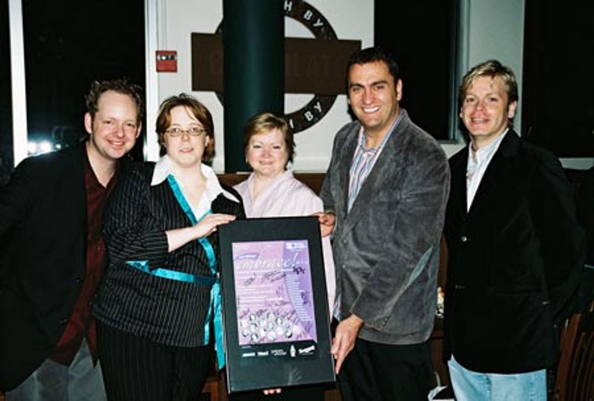  Jamie McGonnigal and Michele Helberg (Co-Producer) presenting Judy Shepard with a signed poster from the evening's fund raiser, Christopher Maluck and Andrew Tweedie  at 