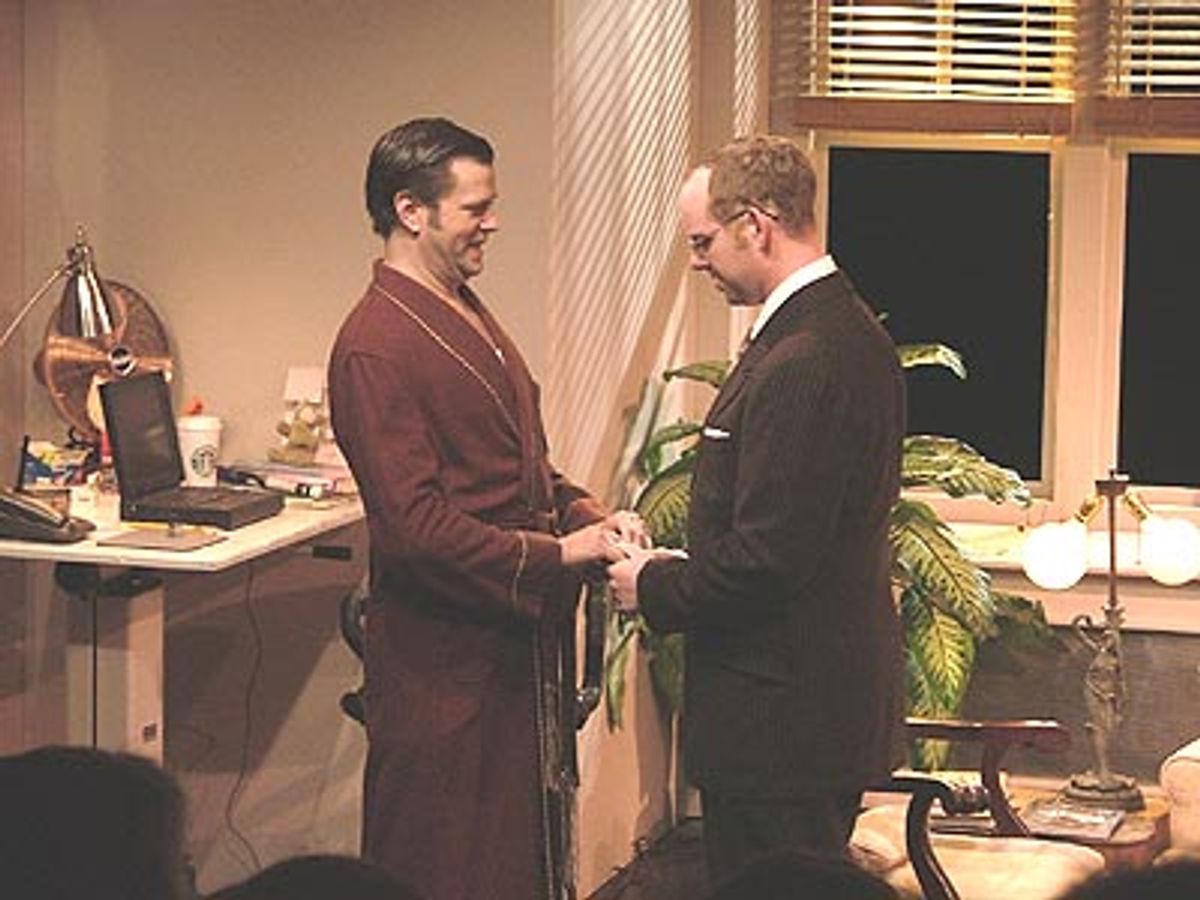 Chris Weikel as Brian and Jamie McGonnigal as Matthew in Dan Clancy & Lynn Portas' 108 Waverly as presented at SunnySpot Productions new emerging playwrights series, GAYFEST 2004. at 