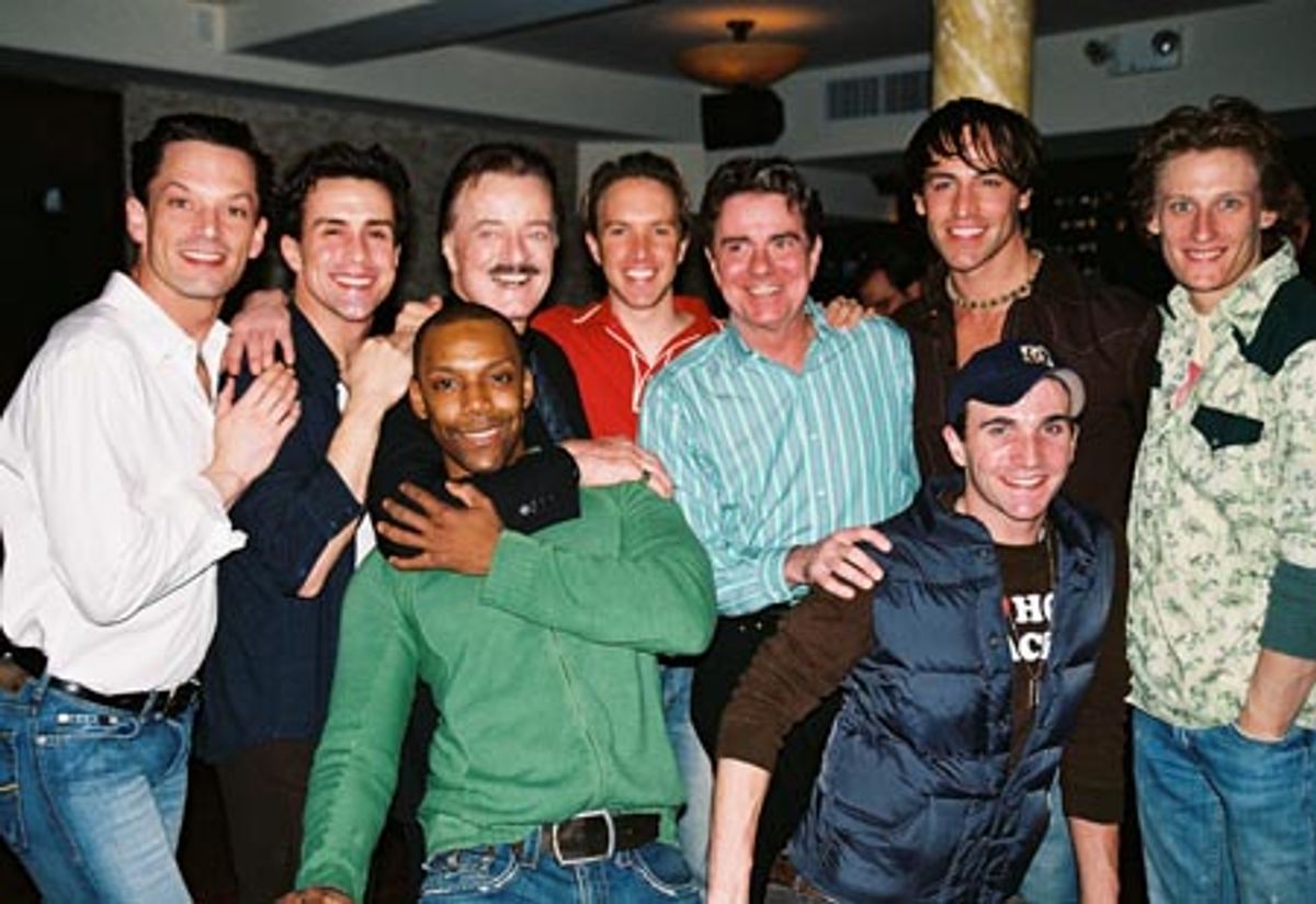 Robert Goulet, Gary Beach and the 'Les Cagelles', starting from the left, Brad Musgrove (Hanna), Josh Walden (Mercedes), T.Oliver Reid (Chantal), u/s Jacob), Paul Canaan (Clo-Clo), Eric Otte (Dermah), Charlie Sutton (Odette) and Nathan Peck (Nicole) at 