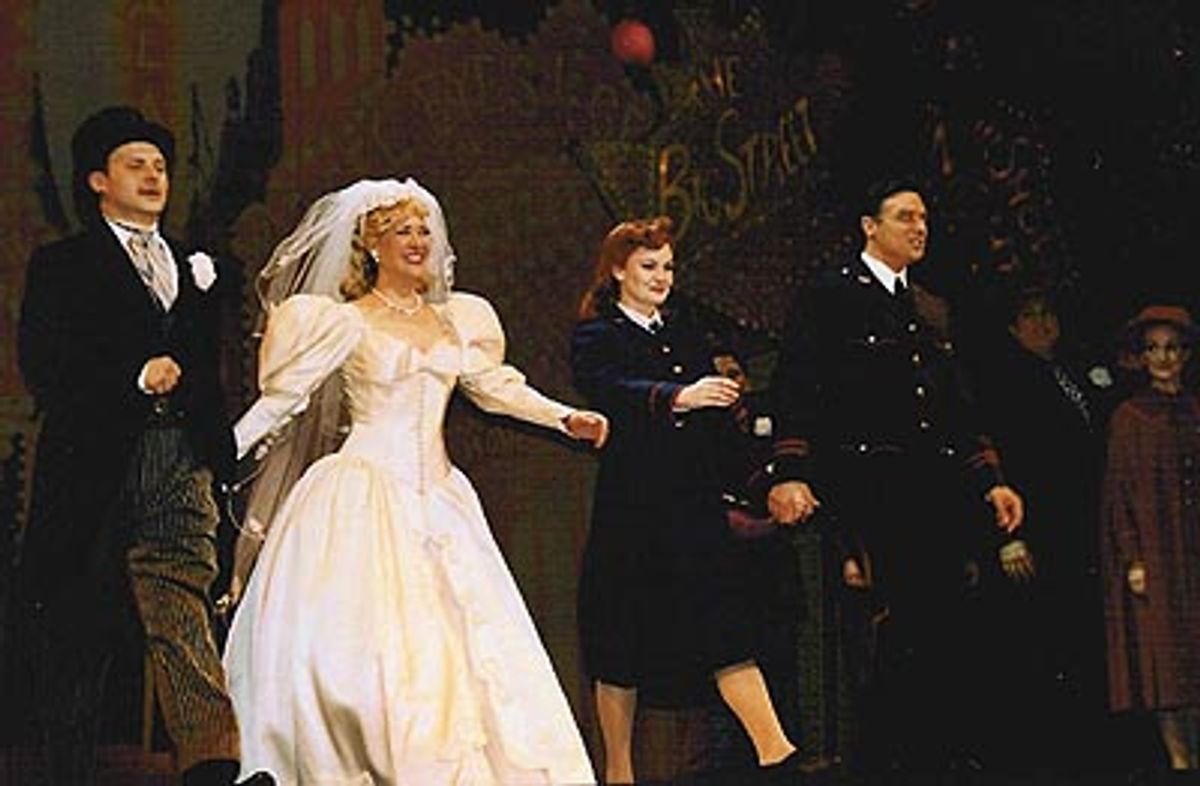 Curtain Call... Michael Mastro (Nathan Detroit), Karen Ziemba (Miss Adelaide),
Kate Baldwin (Sarah Brown) and Robert Cuccioli (Sky Masterson) at 