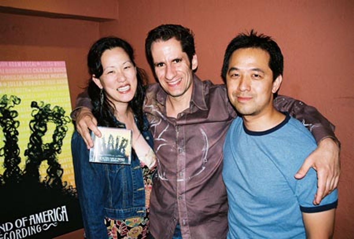 Mary Ann Hu, Seth Rudetsky (Musical Director for the 'Actors' Fund's HAIR Benefit Concert') and Aaron Dai  at 