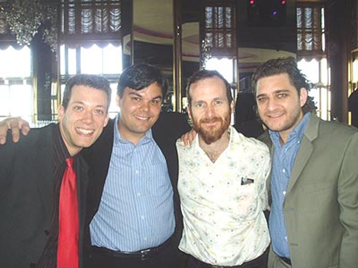 John Tartaglia, Robert Lopez, Denis O'Hare (Best Featured Nominee - Assassins) and Jeff Marx  at 