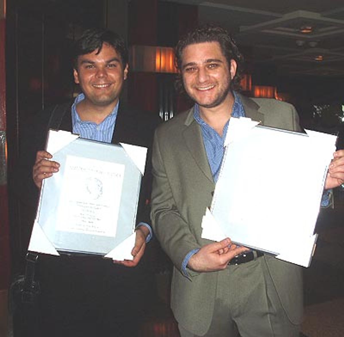 Robert and Jeff pose with their Tony Nomination Certificates  at 