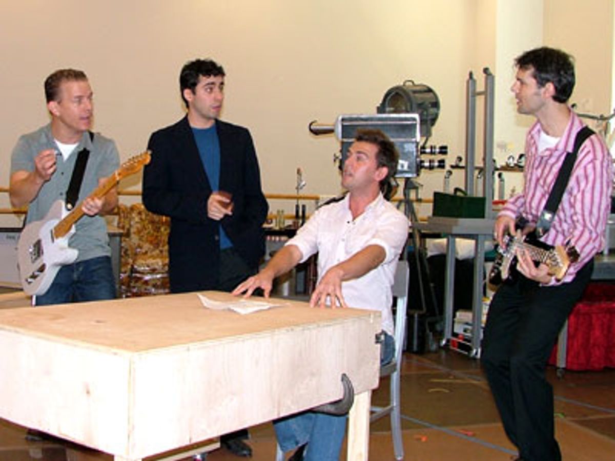 ...who quickly join in for the song. (l-r) Christian Hoff (Tommy DeVito),
John Lloyd Young (Frankie Valli), Daniel and J. Robert Spencer (Nick Massi) at 